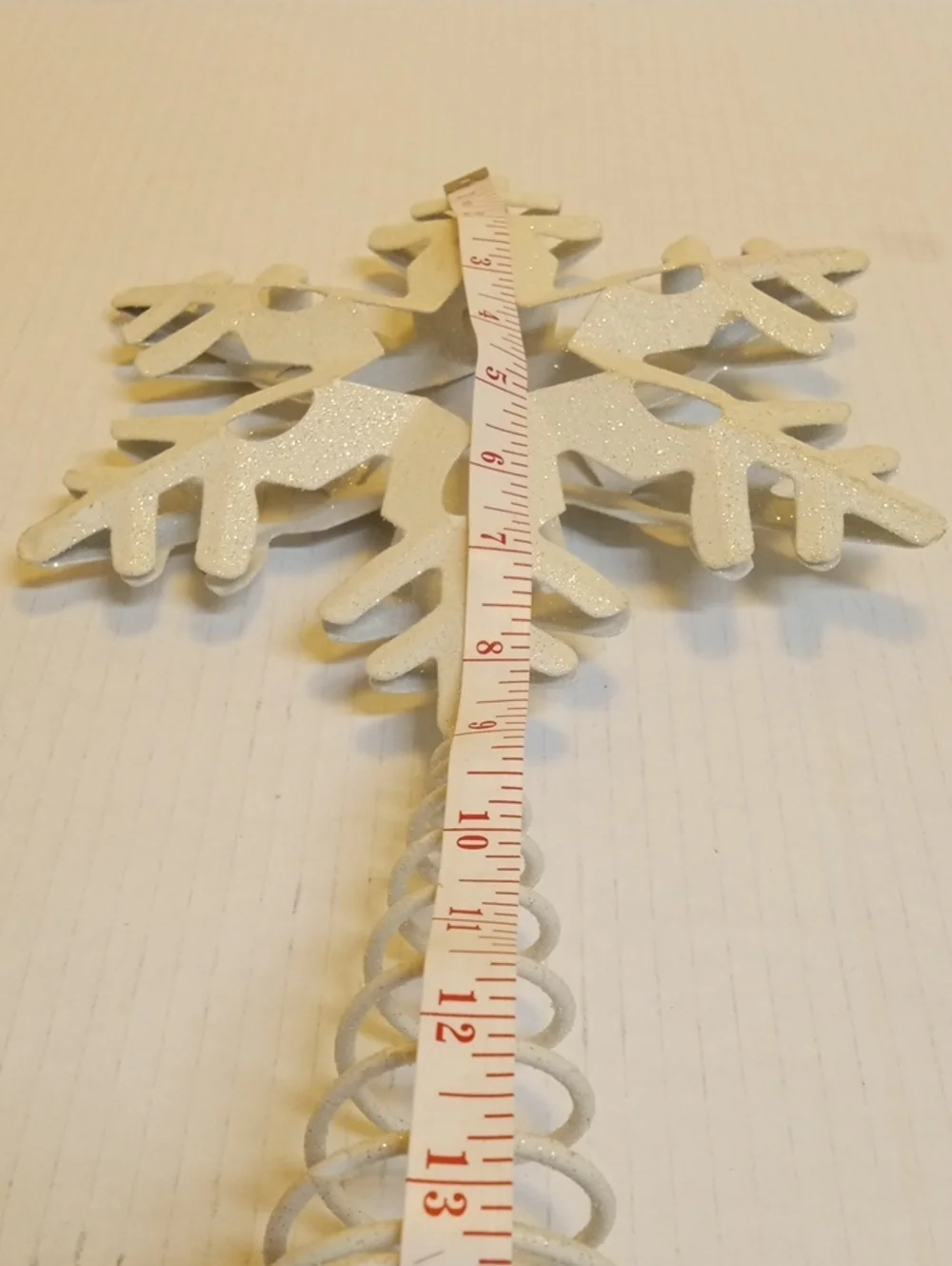 Snowflake Christmas tree topper white glitter metal with a spring base 13